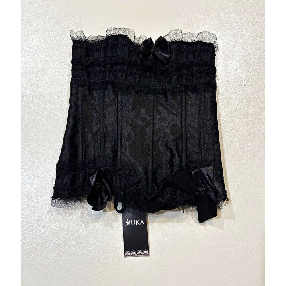 MUKA Women’s Black Strapless Boned Lace Bustier Corset Lace-Up, Size S